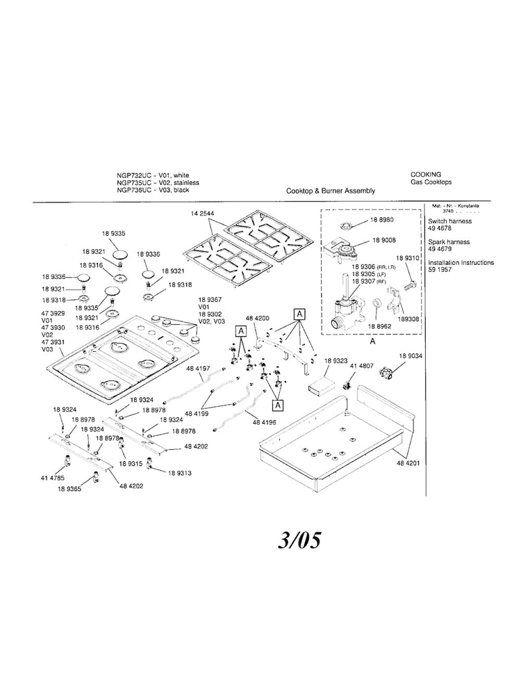 Gas, Cooktop Diagram and Parts List for NGP736UC 01 Bosch Cooktop