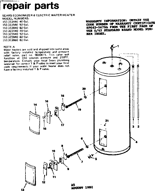 Replacement Parts Diagram and Parts List for 153313440  Kenmore Water Heater