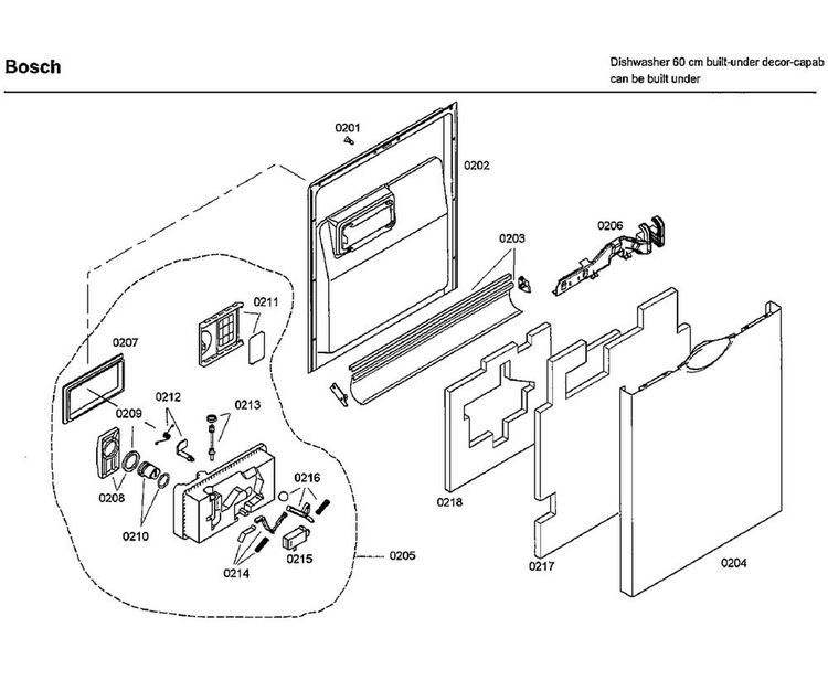 Door Diagram and Parts List for SHE66C02UC 38 Bosch Dishwasher