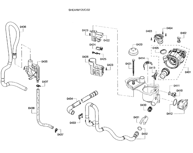 Pump Assy Diagram and Parts List for SHE4AM12UC 02 Bosch Dishwasher