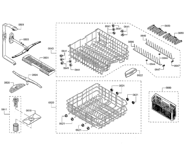 Basket Diagram and Parts List for SHE53TF5UC 09 Bosch Dishwasher