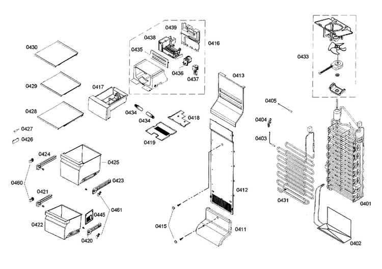 Freezer Assy Diagram and Parts List for B22CS50SNB 03 Bosch Refrigerator