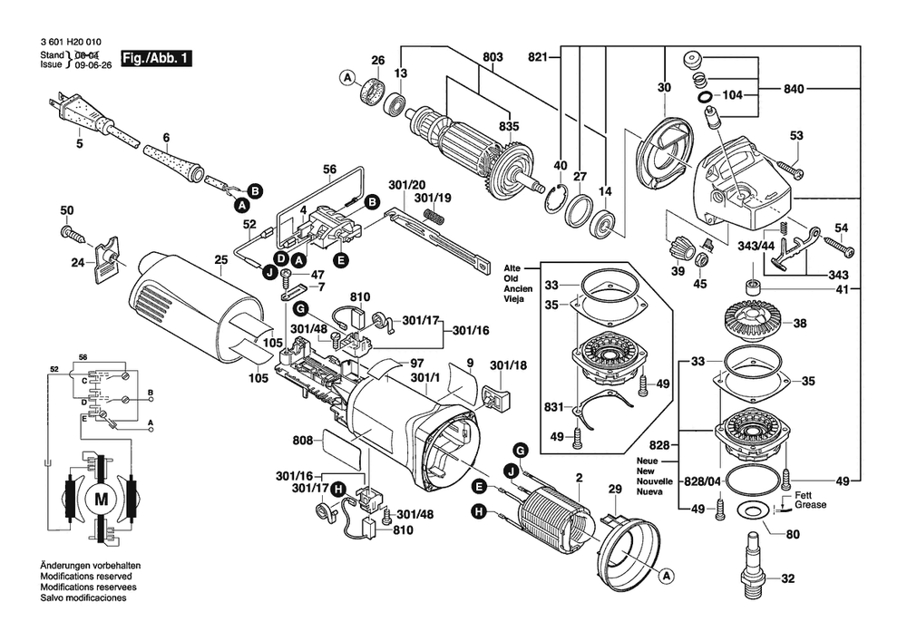 Section 1 Diagram and Parts List for 1810 3601H20010 Bosch Angle Grinder