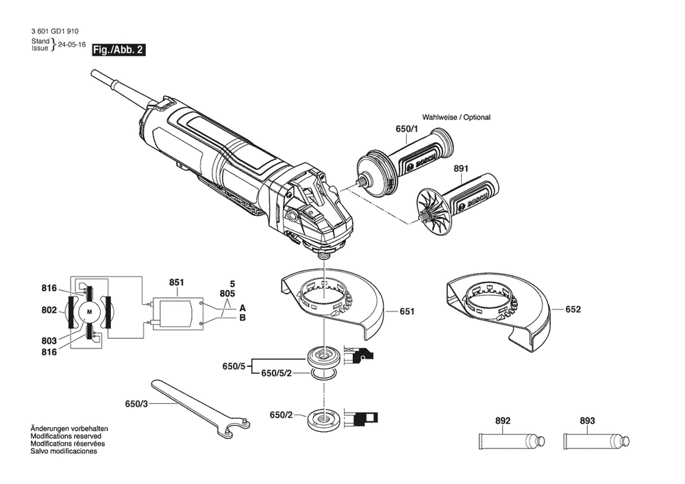 Section 2 Diagram and Parts List for GWS14-60PD 3601GD1610 Bosch Angle Grinder