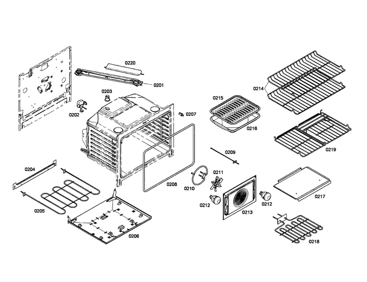 Cabinet/burners/racks Diagram and Parts List for HEI7032U 01 Bosch Range