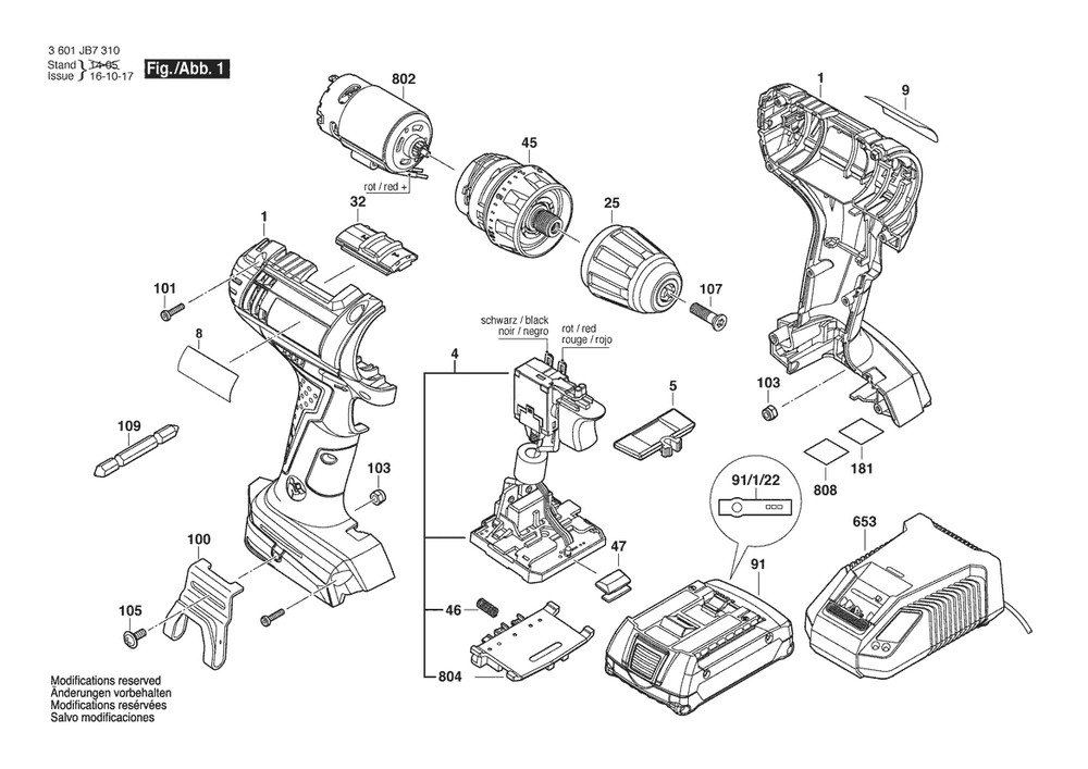Section 1 Diagram and Parts List for DDB181-02 3601JB7310 Bosch Screwdriver