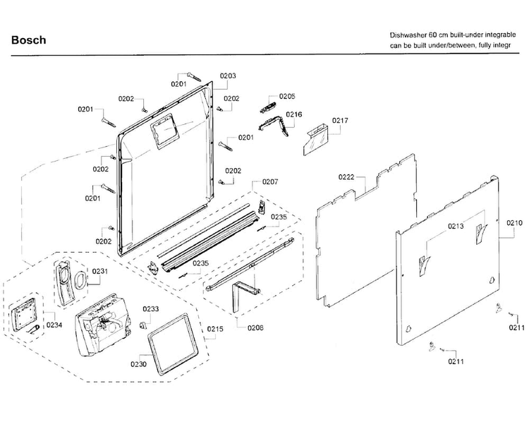 Door Diagram and Parts List for SHV68TL3UC 01 Bosch Dishwasher
