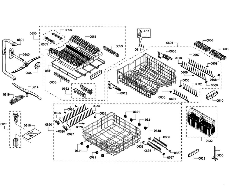 Racks Section Diagram and Parts List for SHE7PT52UC 07 Bosch Dishwasher