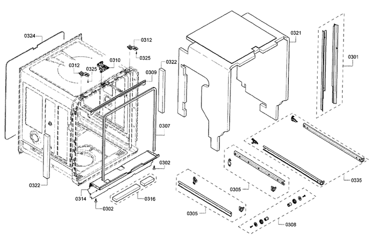 Frame & Cabinet Diagram and Parts List for SHE7PT55UC 03 Bosch Dishwasher