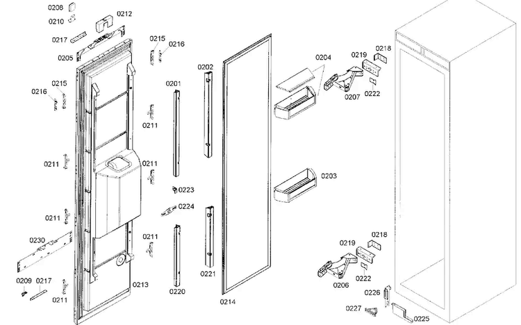 Door Assy Diagram and Parts List for B24ID80NRP 01 Bosch Freezer