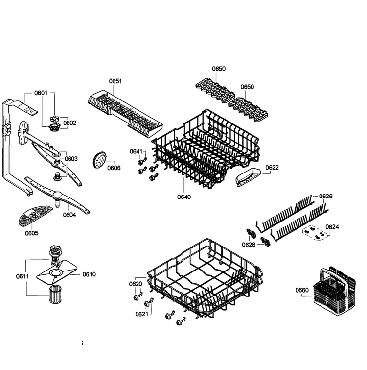 Baskets Diagram and Parts List for SGE63E06UC 29 Bosch Dishwasher