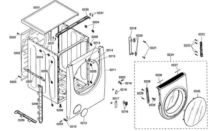 Cabinet Parts Diagram and Parts List for WTMC552SUC 02 Bosch Dryer