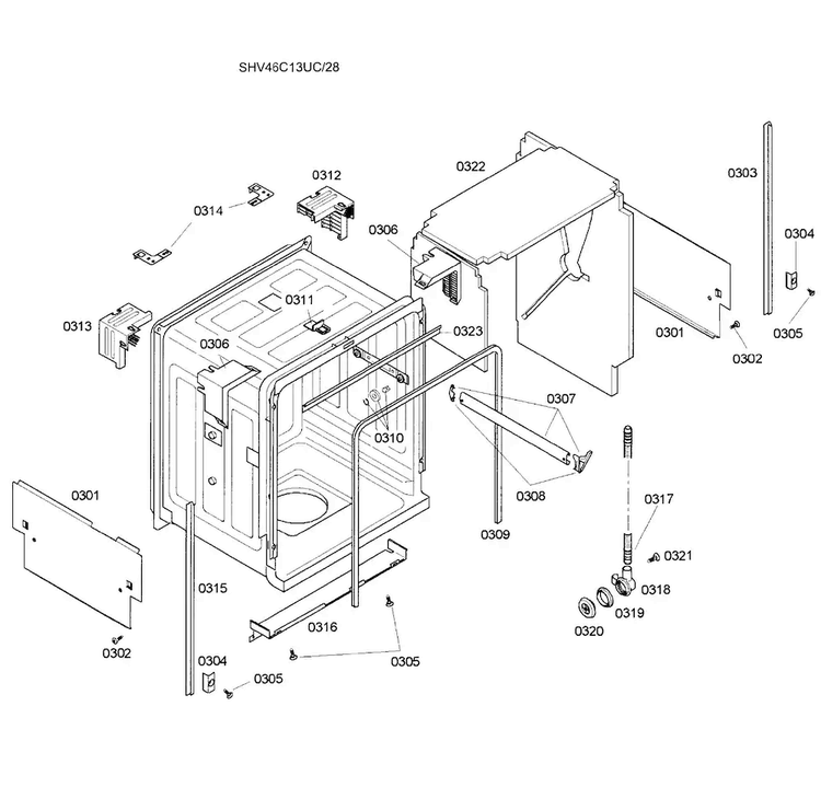 Cabinet Assy Diagram and Parts List for SHV46C13UC 28 Bosch Dishwasher