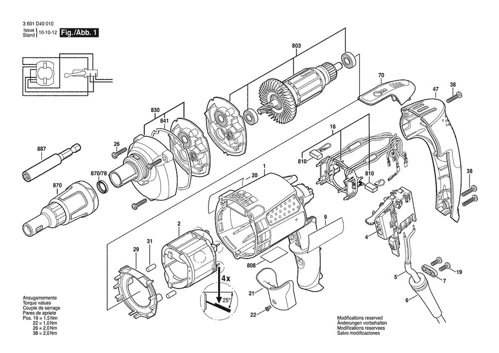 Section 1 Diagram and Parts List for 3601D40010  Bosch Screwdriver