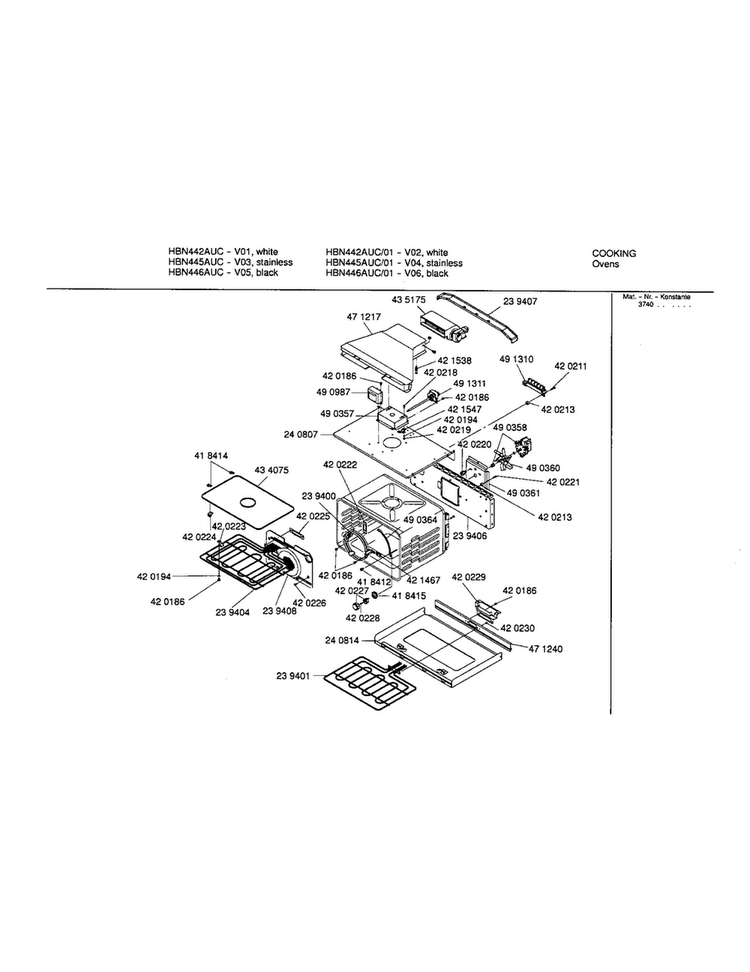 Cavity Diagram and Parts List for HBN445AUC 01 Bosch Wall Oven