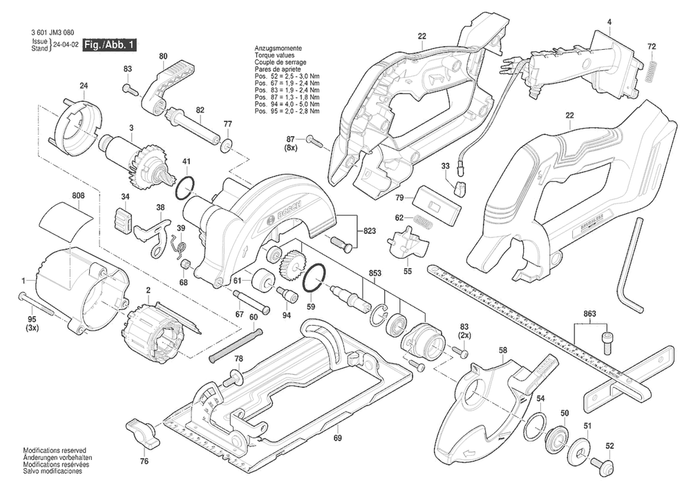 Section 1 Diagram and Parts List for 3601JM3080  Bosch Circular Saw