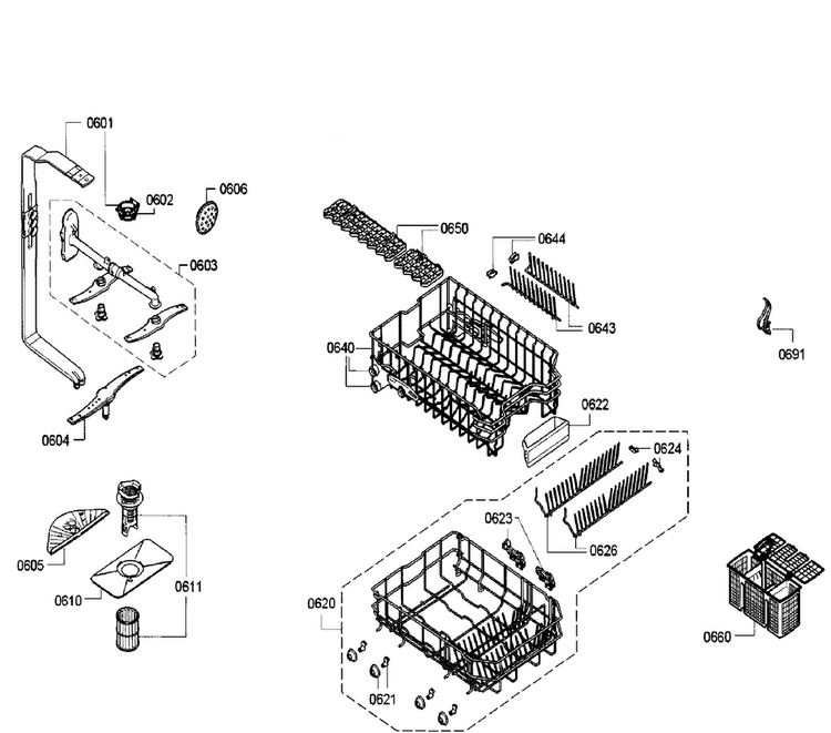 Racks Diagram and Parts List for SPV5ES53UC 26 Bosch Dishwasher