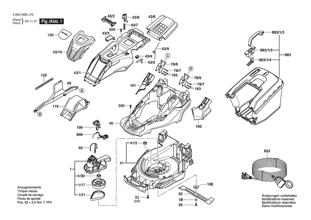 Section 1 Diagram and Parts List for 3600HB9J70  Bosch Lawn Mower