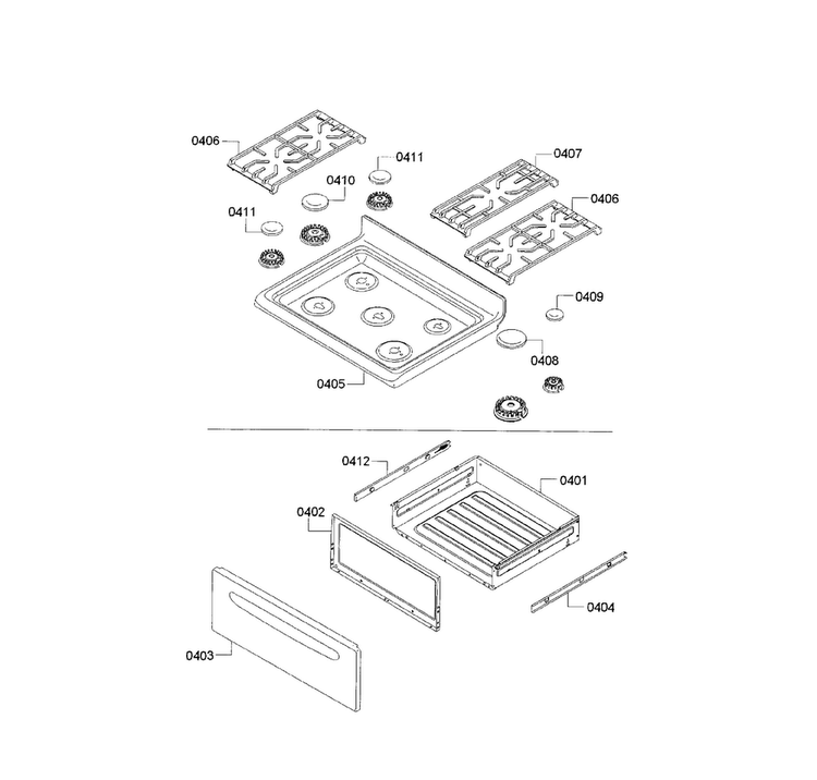 Cooktop & Drawer Diagram and Parts List for HGS3023UC 12 Bosch Range