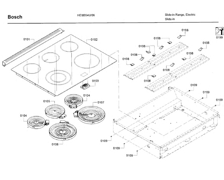 Heaters Assy Diagram and Parts List for HEI8054U 06 Bosch Range