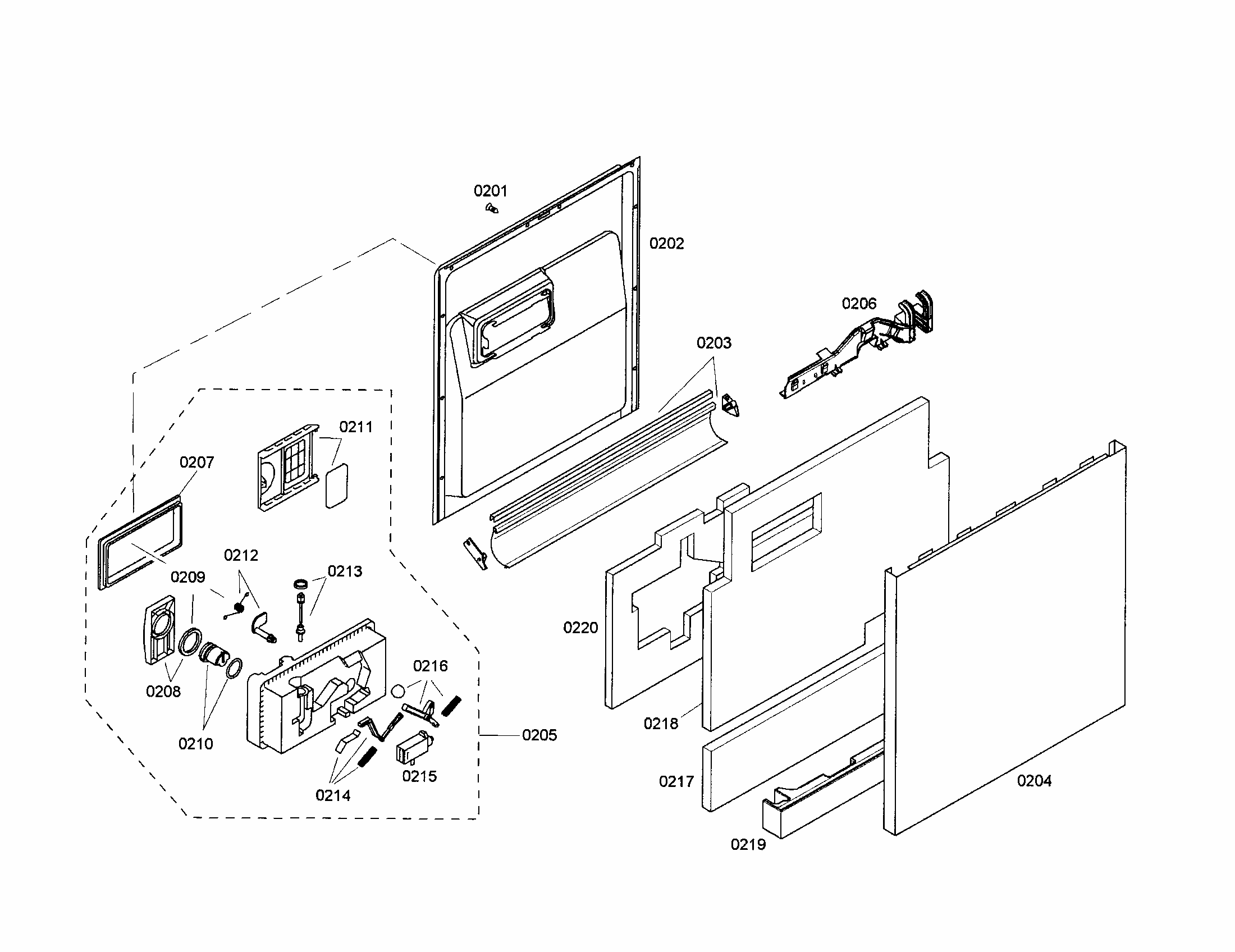 Door/dispenser Diagram and Parts List for S35KMK16UC 47 Bosch Dishwasher