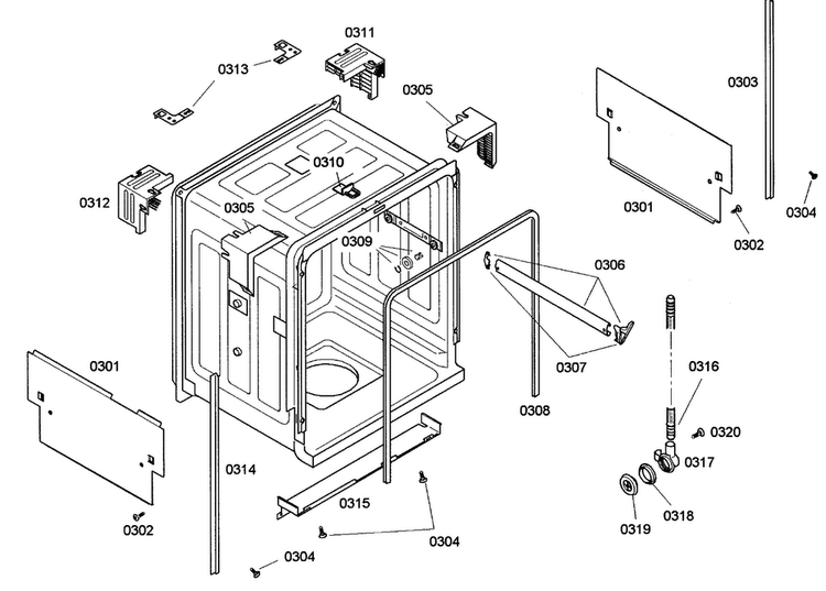 Cabinet Diagram and Parts List for SHE42L15UC 36 Bosch Dishwasher