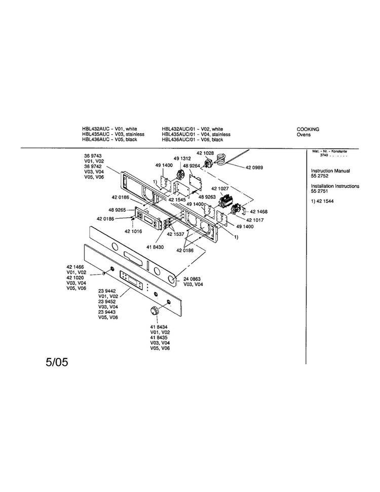Fascia Panel Diagram and Parts List for HBL432AUC 01 Bosch Wall Oven