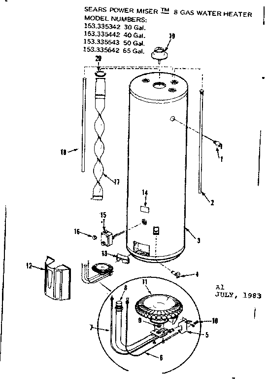 Replacement Parts Diagram and Parts List for 153335543  Kenmore Water Heater