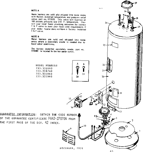 Replacement Parts Diagram and Parts List for 153331960  Kenmore Water Heater