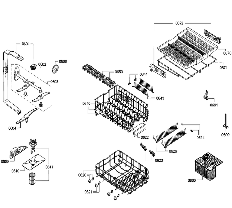 Baskets Assy Diagram and Parts List for SPE68U55UC 30 Bosch Dishwasher