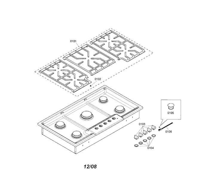 Grid/knobs Diagram and Parts List for NGM5654UC 01 Bosch Cooktop