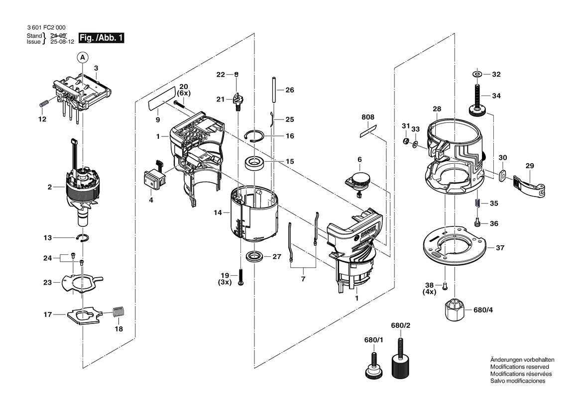 Figure 3 Diagram and Parts List for 3601FC2010 GKF18V-25 Bosch Router