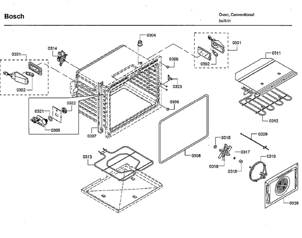 Cavity 1 Diagram and Parts List for HBLP651LUC 03 Bosch Wall Oven