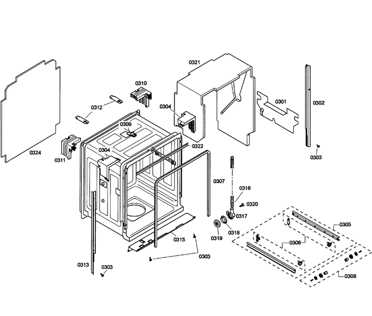Cabinet Diagram and Parts List for SHE55P06UC 58 Bosch Dishwasher