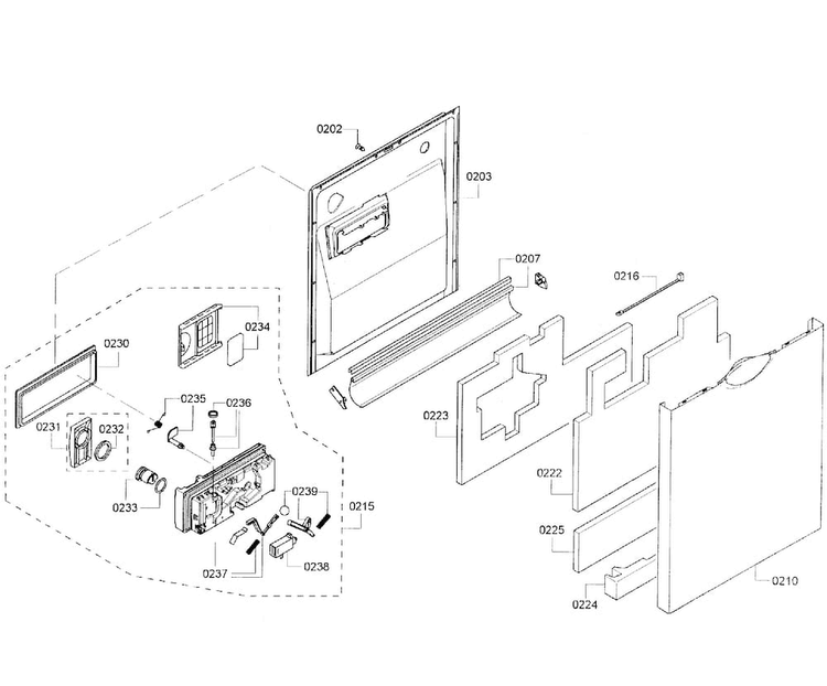 Door Assy Diagram and Parts List for SHE43R56UC 64 Bosch Dishwasher