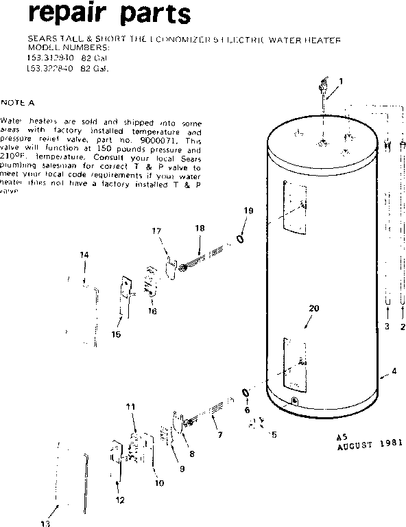 Replacement Parts Diagram and Parts List for 153312840  Kenmore Water Heater