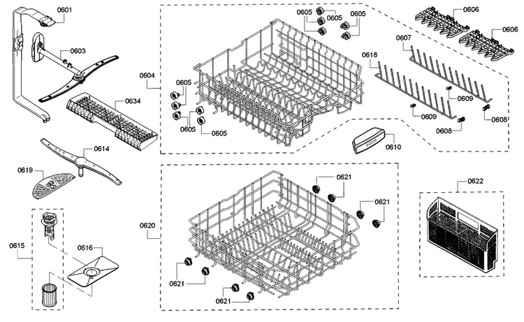 Rack Diagram and Parts List for SHE53TF2UC 02 Bosch Dishwasher