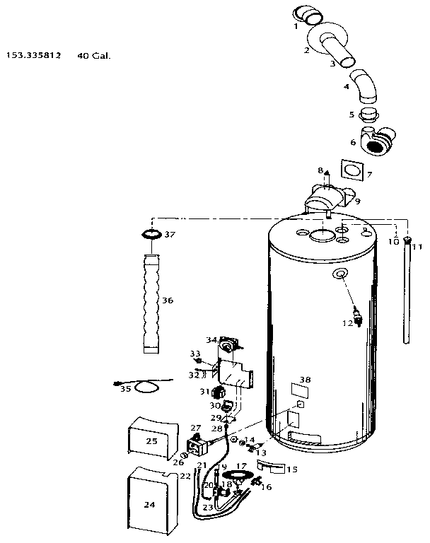 Replacement Parts Diagram and Parts List for 153335812  Kenmore Water Heater