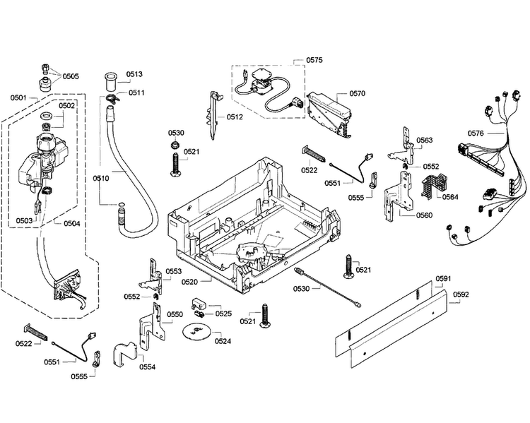 Base Assy Diagram and Parts List for SGE63E05UC 25 Bosch Dishwasher