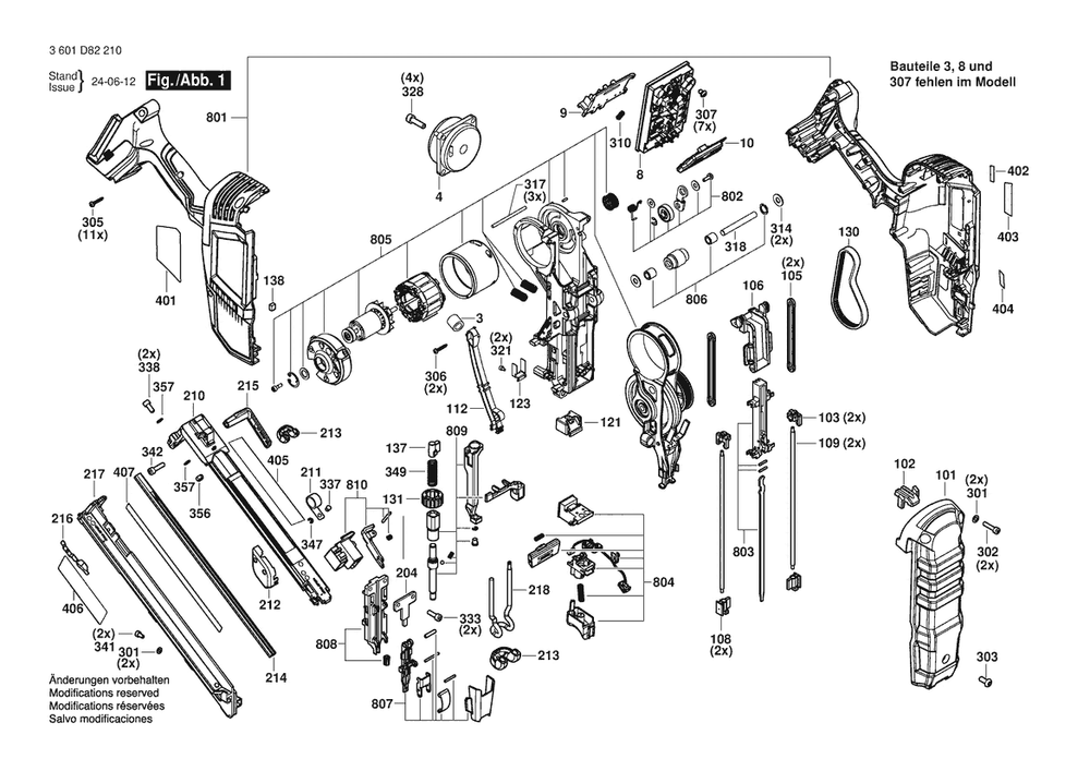 Figure 1 Diagram and Parts List for 3601D82210 GNH18V-15MAN Bosch Nailer