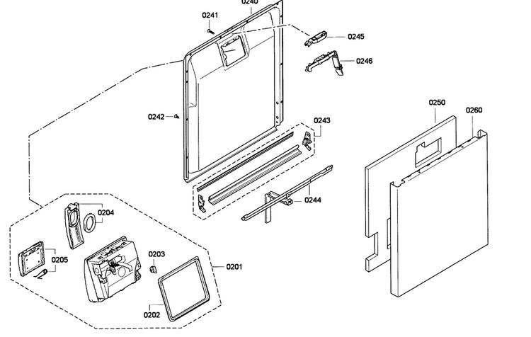 Door Assy Diagram and Parts List for SGE63E06UC 01 Bosch Dishwasher