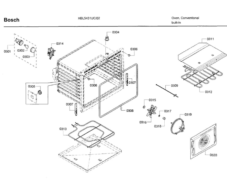 Cavity Diagram and Parts List for HBL5451UC 02 Bosch Wall Oven