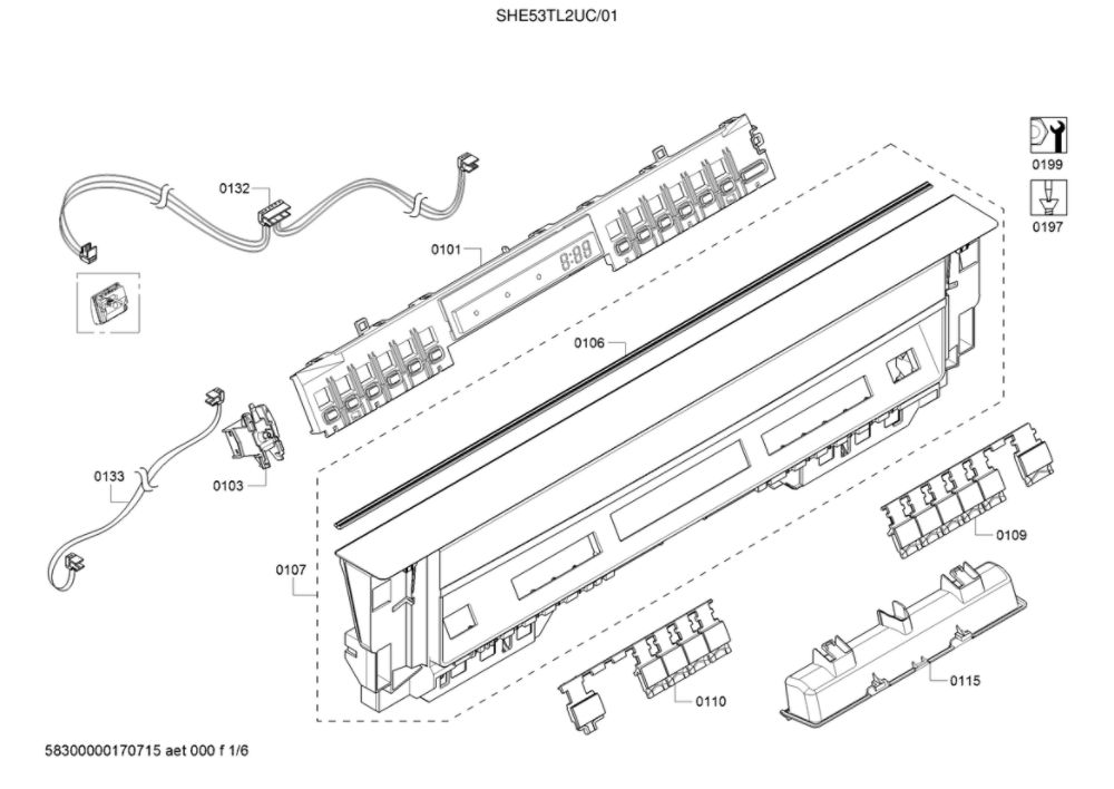 Facia Panel/Controller Unit Diagram and Parts List for SHE53TL2UC 01 Bosch Dishwasher