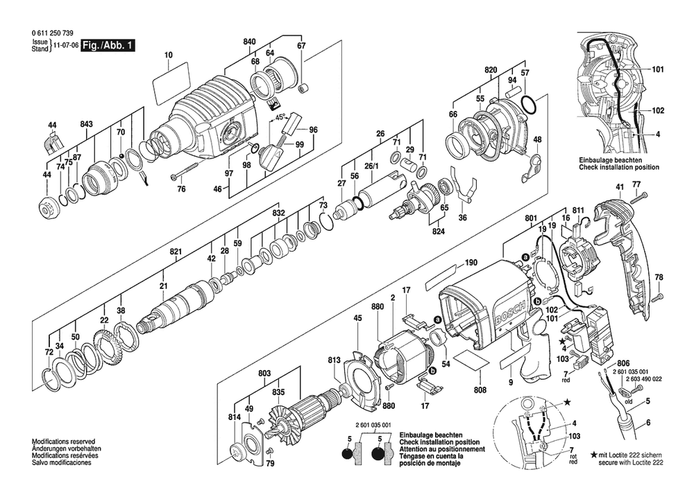 Section 1 Diagram and Parts List for GBH2-22RE 0611250739 Bosch Hammer Drill