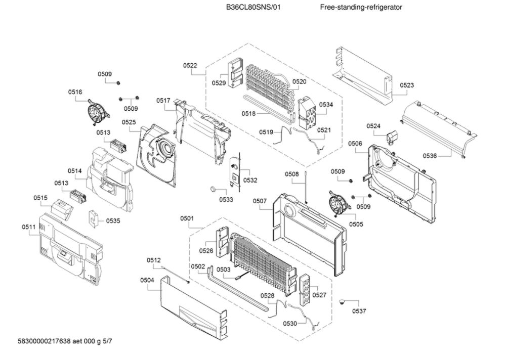 Evaporator Parts Diagram and Parts List for B36CL80SNS 01 Bosch Refrigerator