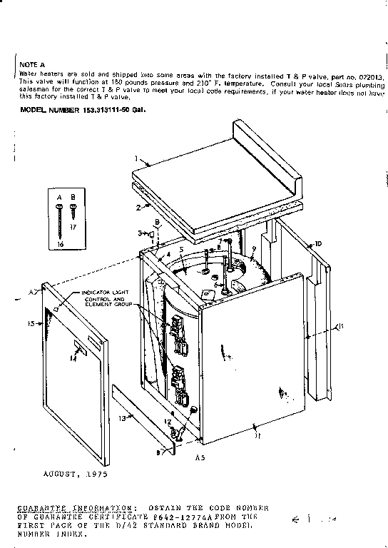 Non-functional Replacement Parts Diagram and Parts List for 153313111  Kenmore Water Heater