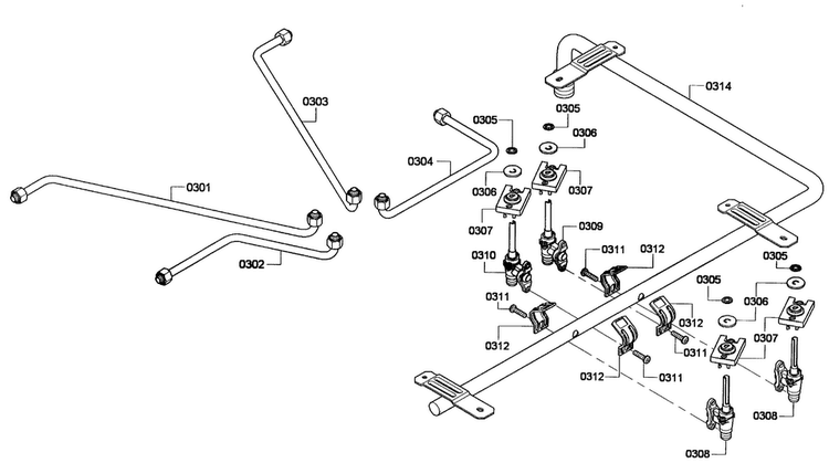 Valves Diagram and Parts List for NGM3054UC 01 Bosch Cooktop