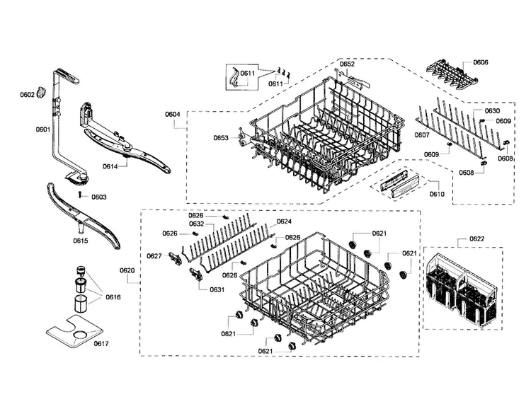 Spray Arm/racks Diagram and Parts List for SHE55P05UC 53 Bosch Dishwasher