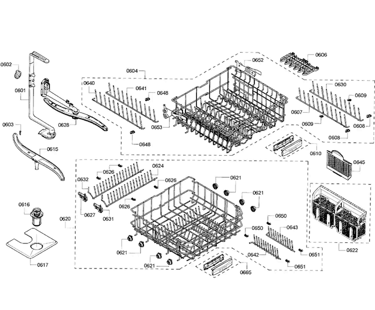 Baskets Diagram and Parts List for SHE55M16UC 64 Bosch Dishwasher