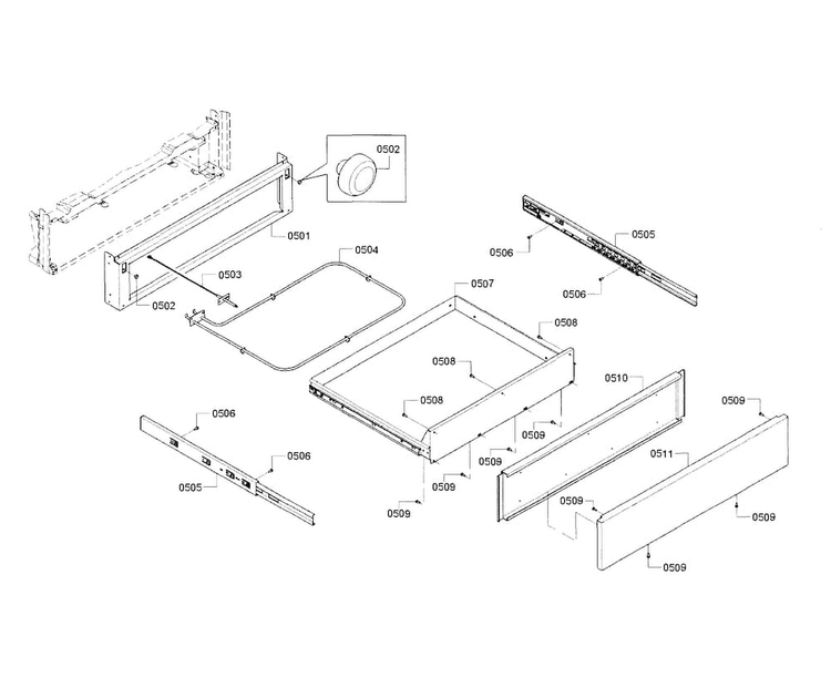 Drawer Assy Diagram and Parts List for HEI8054U 01 Bosch Range